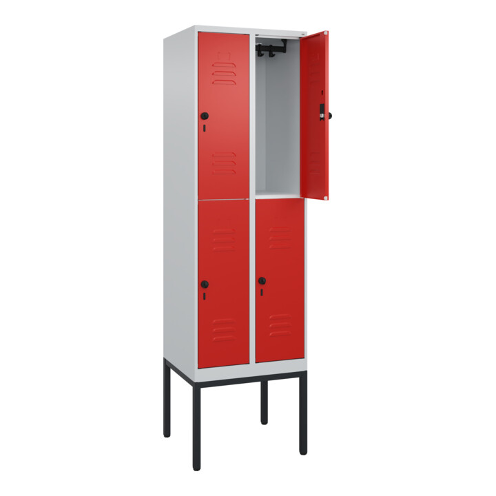 C+P Doppelstock-Spind Classic PLUS, Gestell, 2 Abteile, 2120x600x500mm, 7035/302 Verschluss Sicherheits-Drehriegel Front RAL 3020 Verkehrsrot