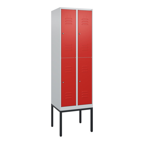 C+P Doppelstock-Spind Classic PLUS, Gestell, 2 Abteile, 2120x600x500mm, 7035/302 Verschluss Zylinderschloss Front RAL 3020 Verkehrsrot