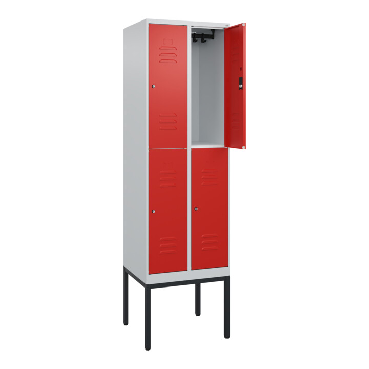 C+P Doppelstock-Spind Classic PLUS, Gestell, 2 Abteile, 2120x600x500mm, 7035/302 Verschluss Zylinderschloss Front RAL 3020 Verkehrsrot