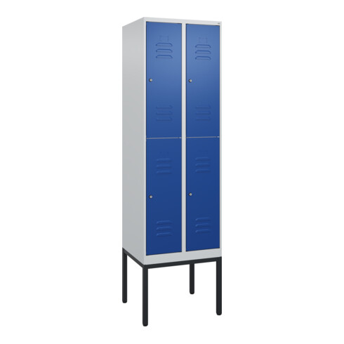 C+P Doppelstock-Spind Classic PLUS, Gestell, 2 Abteile, 2120x600x500mm, 7035/501 Verschluss Zylinderschloss Front RAL 5010 Enzianblau