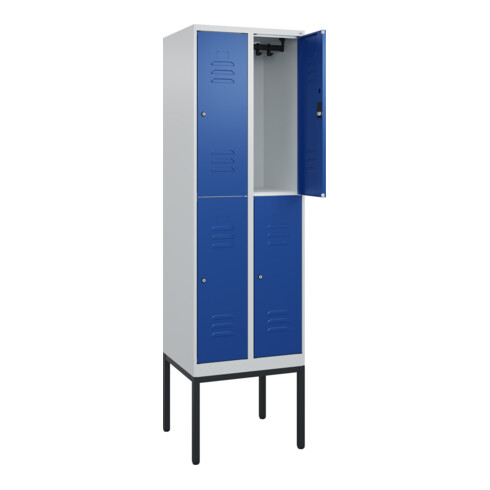 C+P Doppelstock-Spind Classic PLUS, Gestell, 2 Abteile, 2120x600x500mm, 7035/501 Verschluss Zylinderschloss Front RAL 5010 Enzianblau