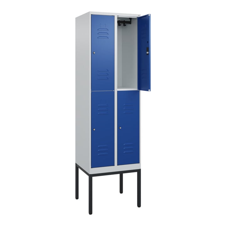 C+P Doppelstock-Spind Classic PLUS, Gestell, 2 Abteile, 2120x600x500mm, 7035/501 Verschluss Zylinderschloss Front RAL 5010 Enzianblau