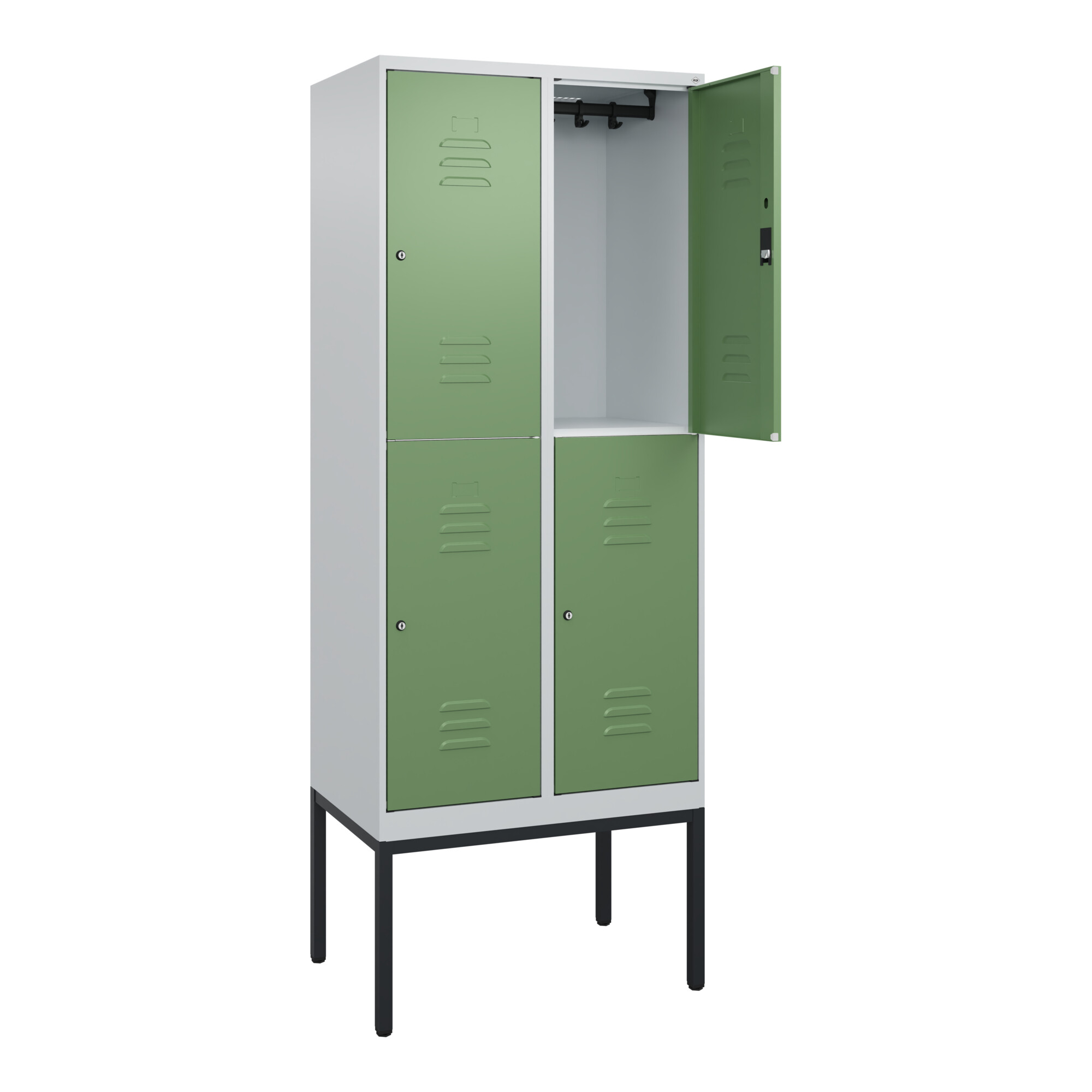 C+P Doppelstock-Spind Classic PLUS, Gestell, 2 Abteile, 2120x800x500mm, 7035/601 Verschluss Zylinderschloss Front RAL 6011 Resedagrün ; C + P Möbelsys