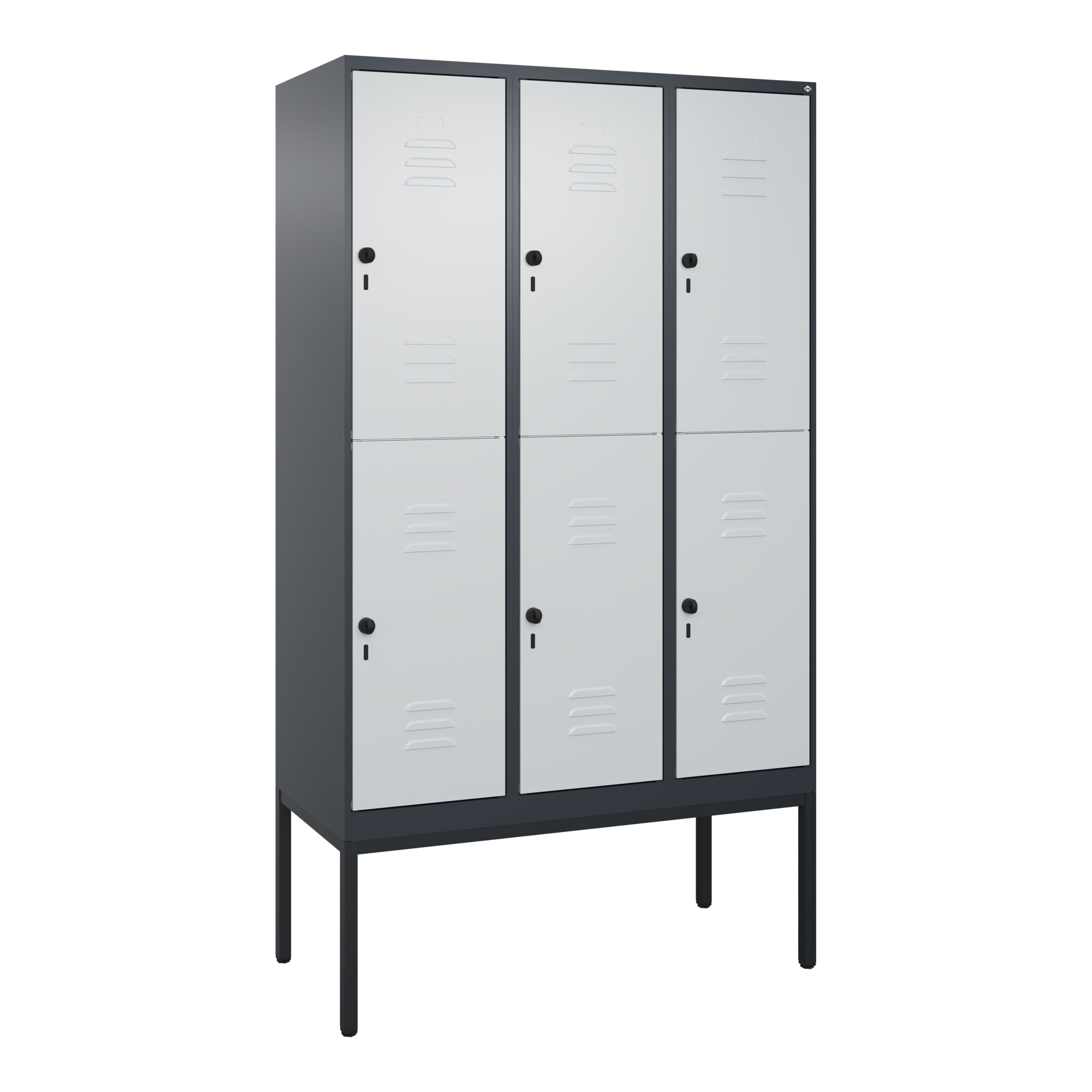 C+P Doppelstock-Spind Classic PLUS, Gestell, 3 Abteile, 2120x1200x500mm, 7016/70 Verschluss Sicherheits-Drehriegel Front RAL 7035 Lichtgrau ; C + P Mö