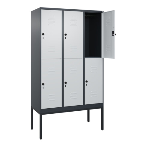 C+P Doppelstock-Spind Classic PLUS, Gestell, 3 Abteile, 2120x1200x500mm, 7016/70 Verschluss Sicherheits-Drehriegel Front RAL 7035 Lichtgrau