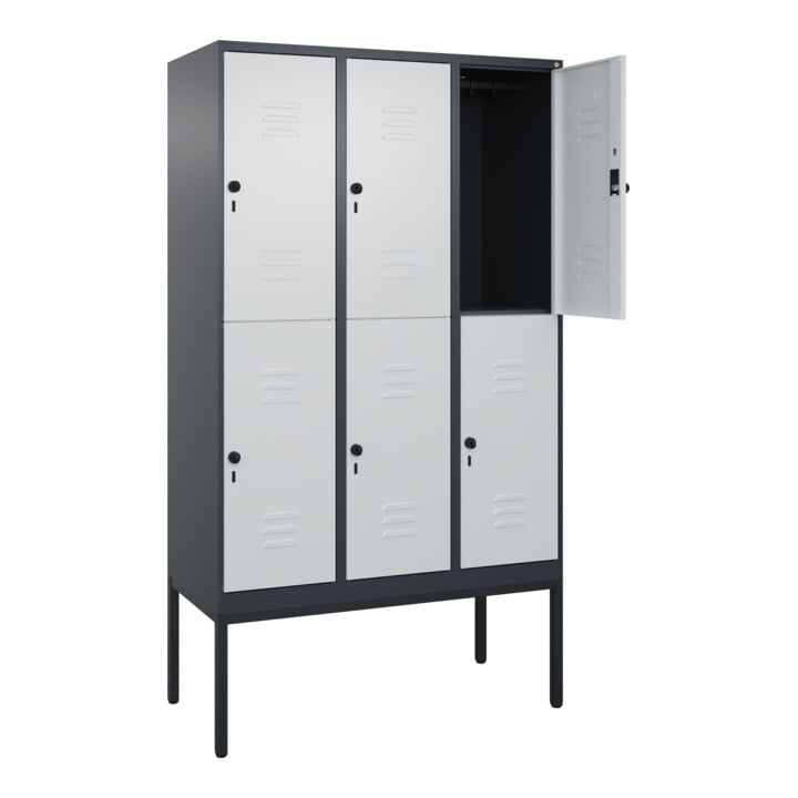 C+P Doppelstock-Spind Classic PLUS, Gestell, 3 Abteile, 2120x1200x500mm, 7016/70 Verschluss Sicherheits-Drehriegel Front RAL 7035 Lichtgrau