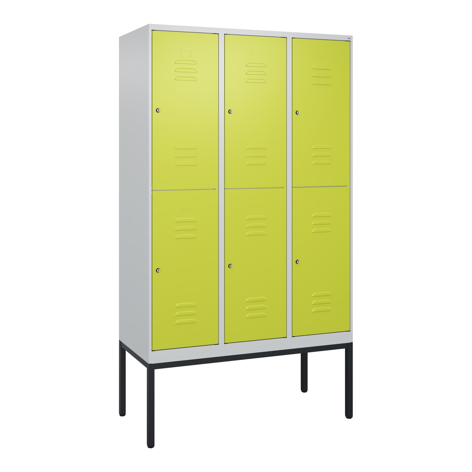 C+P Doppelstock-Spind Classic PLUS, Gestell, 3 Abteile, 2120x1200x500mm, 7035/00 Verschluss Zylinderschloss Front 1108060 RDS Viridingrün ; C + P Möbe