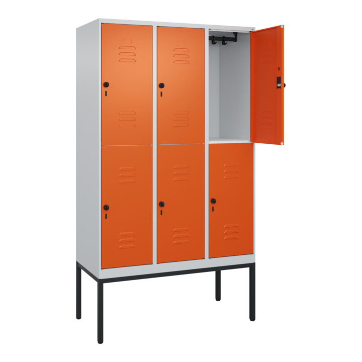 C+P Doppelstock-Spind Classic PLUS, Gestell, 3 Abteile, 2120x1200x500mm, 7035/20 Verschluss Sicherheits-Drehriegel Front RAL 2004 Reinorange