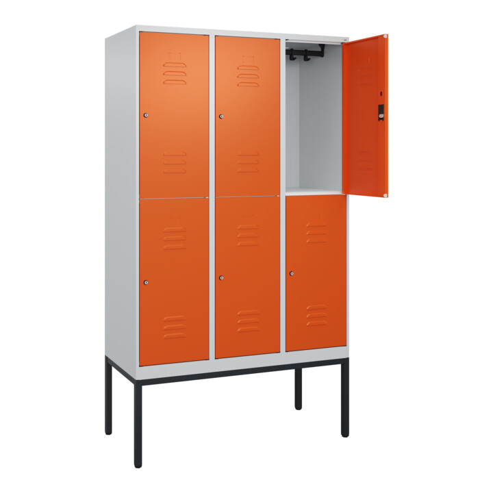 C+P Doppelstock-Spind Classic PLUS, Gestell, 3 Abteile, 2120x1200x500mm, 7035/20 Verschluss Zylinderschloss Front RAL 2004 Reinorange