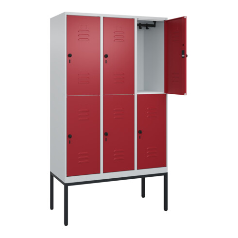 C+P Doppelstock-Spind Classic PLUS, Gestell, 3 Abteile, 2120x1200x500mm, 7035/30 Verschluss Sicherheits-Drehriegel Front RAL 3003 Rubinrot