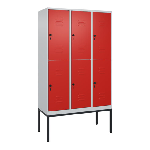 C+P Doppelstock-Spind Classic PLUS, Gestell, 3 Abteile, 2120x1200x500mm, 7035/30 Verschluss Sicherheits-Drehriegel Front RAL 3020 Verkehrsrot