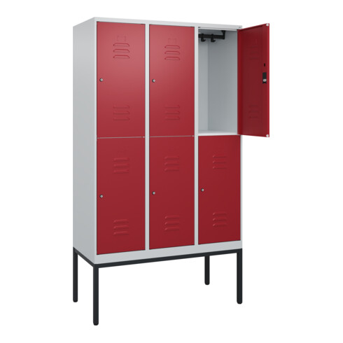 C+P Doppelstock-Spind Classic PLUS, Gestell, 3 Abteile, 2120x1200x500mm, 7035/30 Verschluss Zylinderschloss Front RAL 3003 Rubinrot