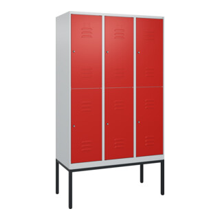 C+P Doppelstock-Spind Classic PLUS, Gestell, 3 Abteile, 2120x1200x500mm, 7035/30 Verschluss Zylinderschloss Front RAL 3020 Verkehrsrot
