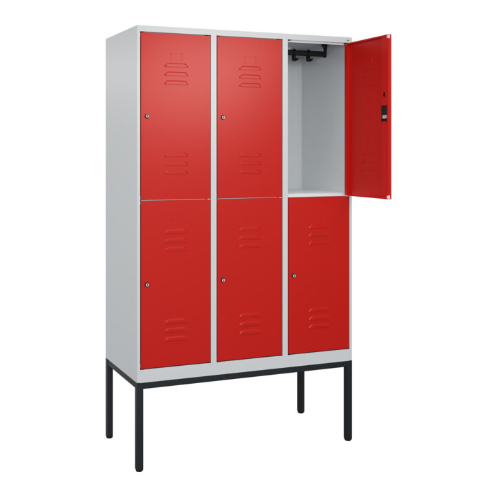 C+P Doppelstock-Spind Classic PLUS, Gestell, 3 Abteile, 2120x1200x500mm, 7035/30 Verschluss Zylinderschloss Front RAL 3020 Verkehrsrot