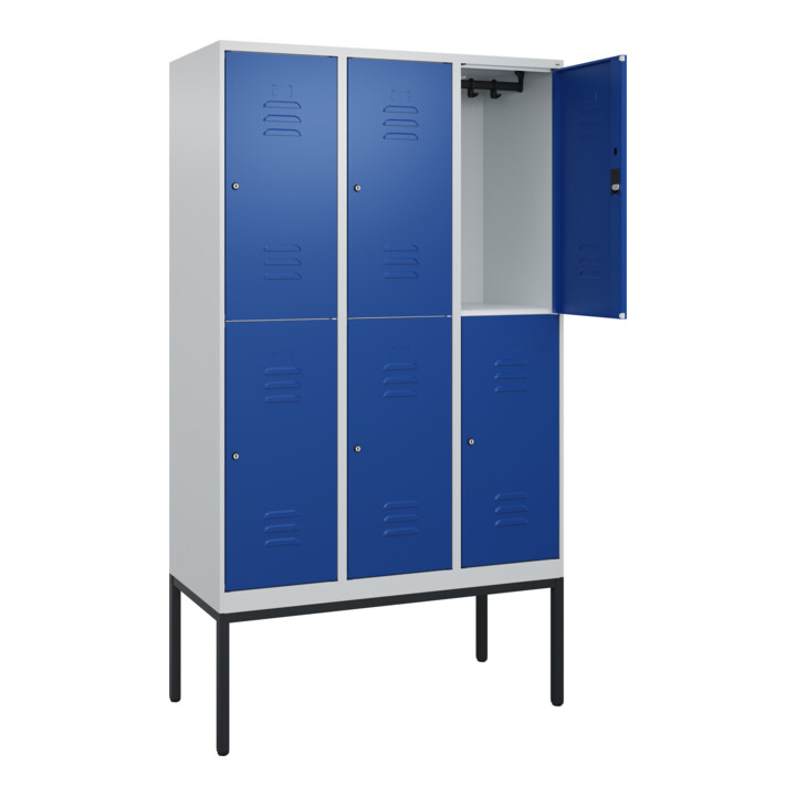 C+P Doppelstock-Spind Classic PLUS, Gestell, 3 Abteile, 2120x1200x500mm, 7035/50 Verschluss Zylinderschloss Front RAL 5010 Enzianblau