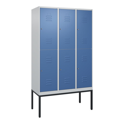 C+P Doppelstock-Spind Classic PLUS, Gestell, 3 Abteile, 2120x1200x500mm, 7035/50 Verschluss Zylinderschloss Front RAL 5023 Fernblau