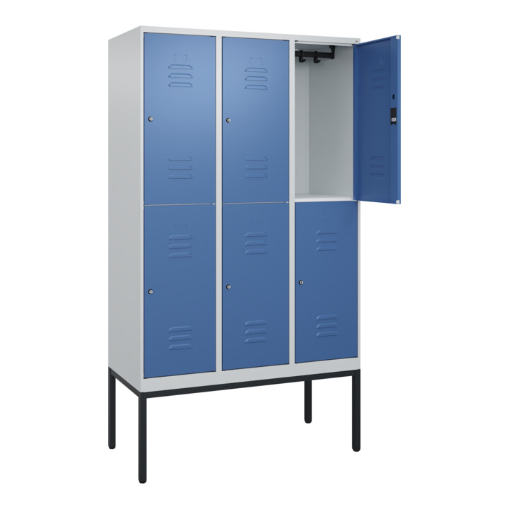 C+P Doppelstock-Spind Classic PLUS, Gestell, 3 Abteile, 2120x1200x500mm, 7035/50 Verschluss Zylinderschloss Front RAL 5023 Fernblau