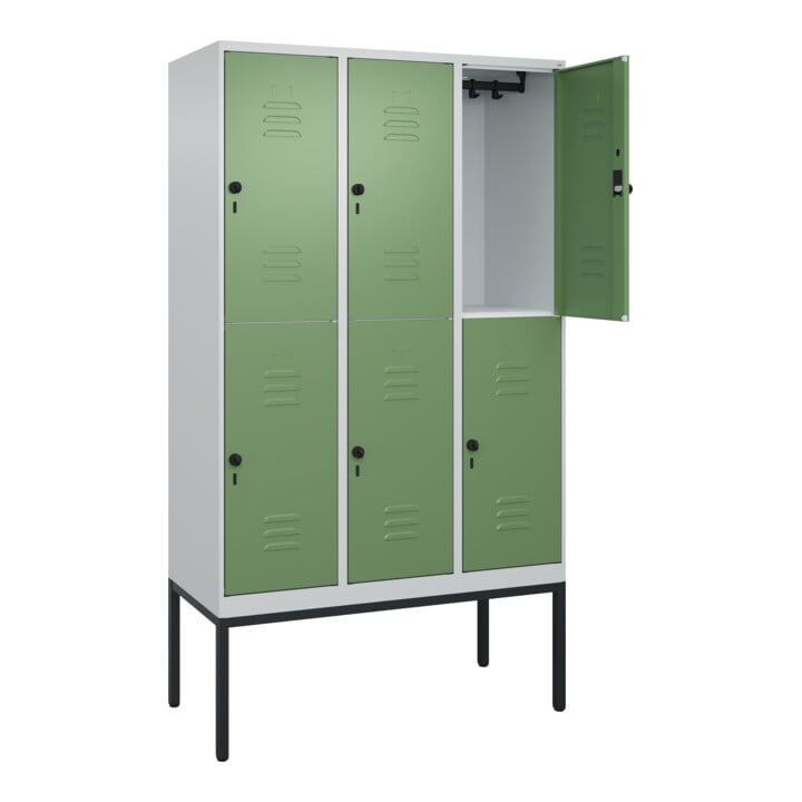 C+P Doppelstock-Spind Classic PLUS, Gestell, 3 Abteile, 2120x1200x500mm, 7035/60 Verschluss Sicherheits-Drehriegel Front RAL 6011 Resedagrün