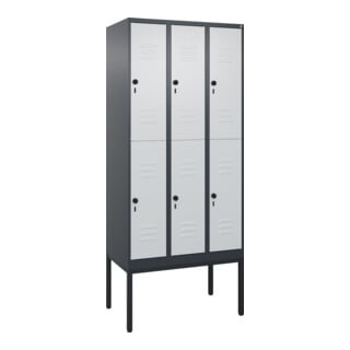 C+P Doppelstock-Spind Classic PLUS, Gestell, 3 Abteile, 2120x900x500mm, 7016/703 Verschluss Sicherheits-Drehriegel Front RAL 7035 Lichtgrau