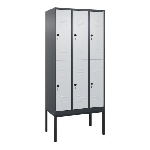 C+P Doppelstock-Spind Classic PLUS, Gestell, 3 Abteile, 2120x900x500mm, 7016/703 Verschluss Sicherheits-Drehriegel Front RAL 7035 Lichtgrau