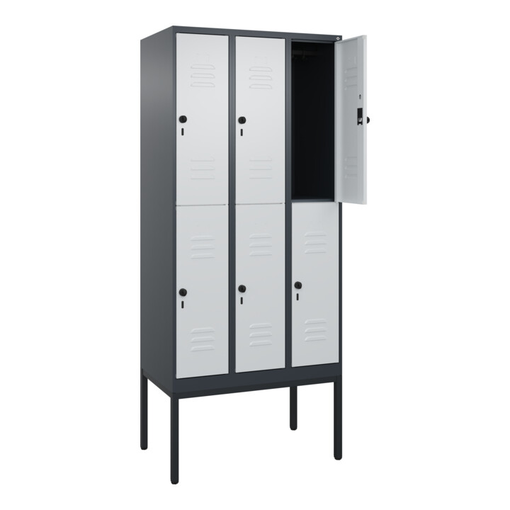 C+P Doppelstock-Spind Classic PLUS, Gestell, 3 Abteile, 2120x900x500mm, 7016/703 Verschluss Sicherheits-Drehriegel Front RAL 7035 Lichtgrau