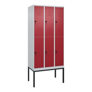 C+P Doppelstock-Spind Classic PLUS, Gestell, 3 Abteile, 2120x900x500mm, 7035/300 Verschluss Sicherheits-Drehriegel Front RAL 3003 Rubinrot
