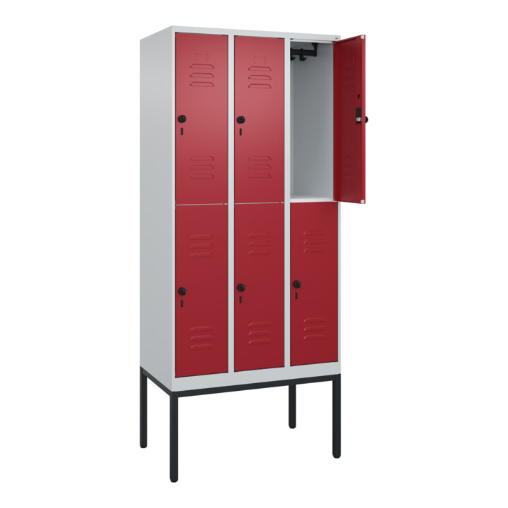C+P Doppelstock-Spind Classic PLUS, Gestell, 3 Abteile, 2120x900x500mm, 7035/300 Verschluss Sicherheits-Drehriegel Front RAL 3003 Rubinrot