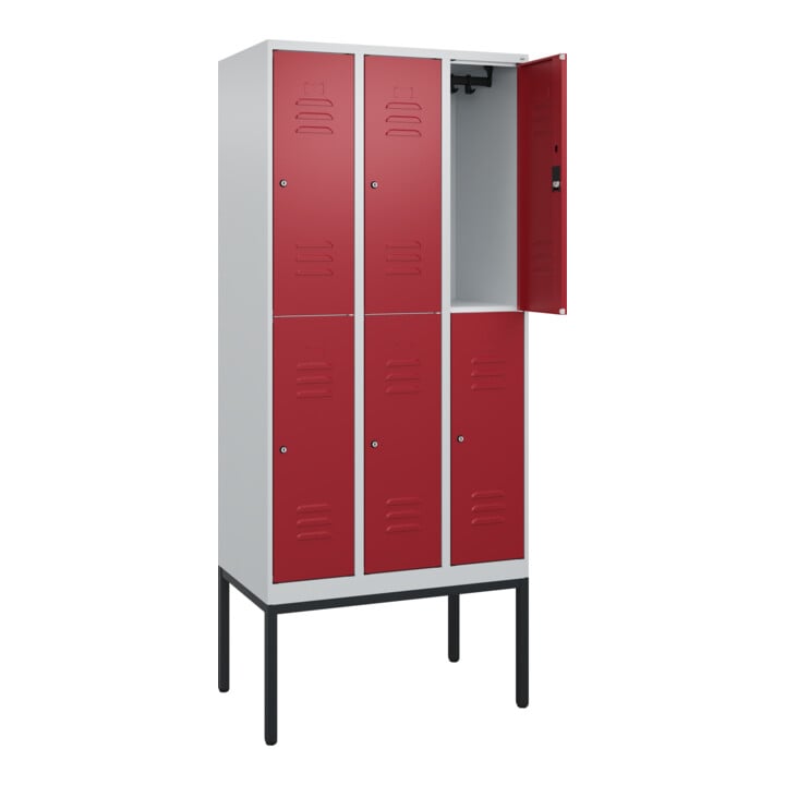 C+P Doppelstock-Spind Classic PLUS, Gestell, 3 Abteile, 2120x900x500mm, 7035/300 Verschluss Zylinderschloss Front RAL 3003 Rubinrot