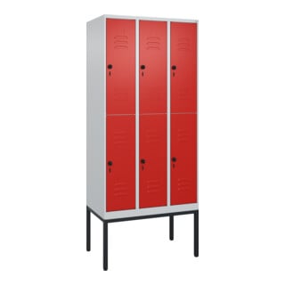 C+P Doppelstock-Spind Classic PLUS, Gestell, 3 Abteile, 2120x900x500mm, 7035/302 Verschluss Sicherheits-Drehriegel Front RAL 3020 Verkehrsrot