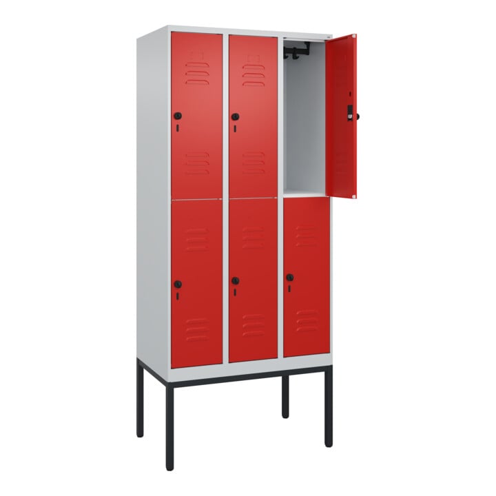 C+P Doppelstock-Spind Classic PLUS, Gestell, 3 Abteile, 2120x900x500mm, 7035/302 Verschluss Sicherheits-Drehriegel Front RAL 3020 Verkehrsrot