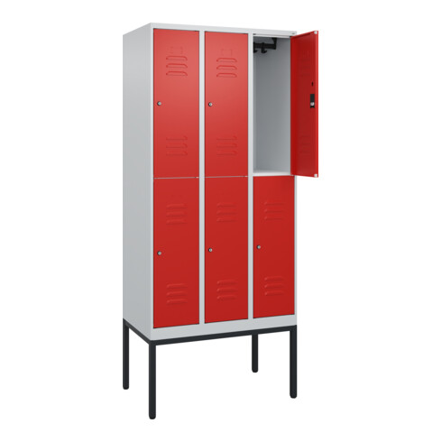 C+P Doppelstock-Spind Classic PLUS, Gestell, 3 Abteile, 2120x900x500mm, 7035/302 Verschluss Zylinderschloss Front RAL 3020 Verkehrsrot