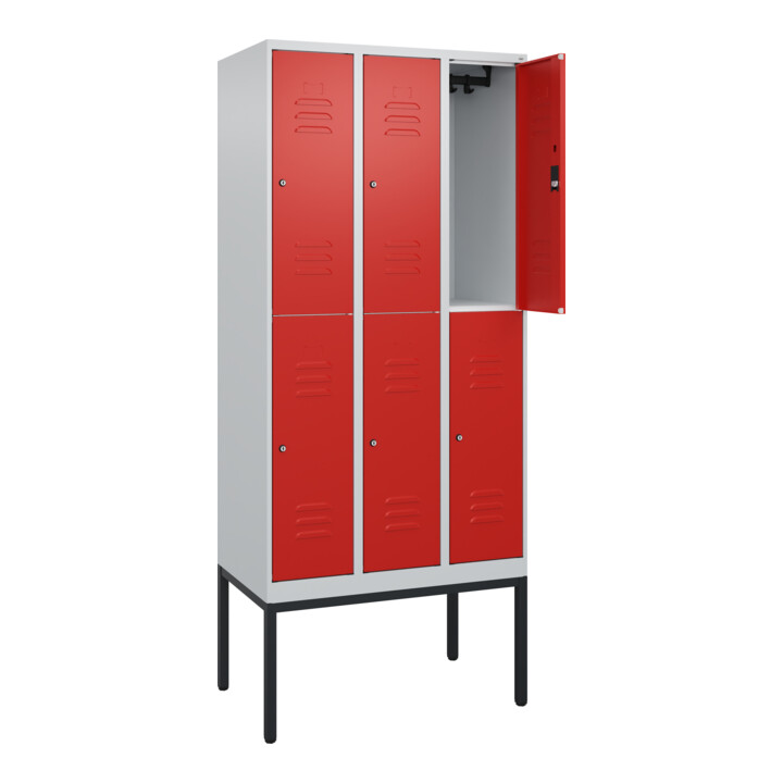 C+P Doppelstock-Spind Classic PLUS, Gestell, 3 Abteile, 2120x900x500mm, 7035/302 Verschluss Zylinderschloss Front RAL 3020 Verkehrsrot