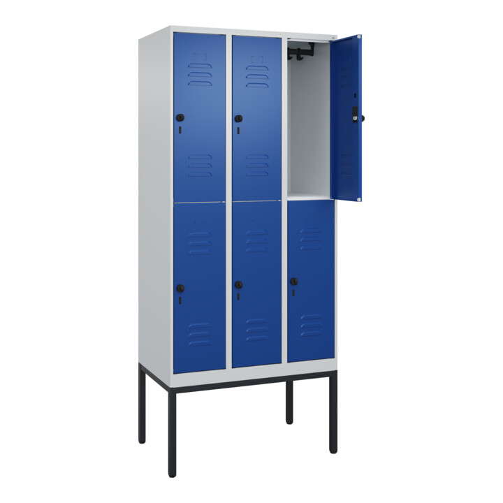 C+P Doppelstock-Spind Classic PLUS, Gestell, 3 Abteile, 2120x900x500mm, 7035/501 Verschluss Sicherheits-Drehriegel Front RAL 5010 Enzianblau