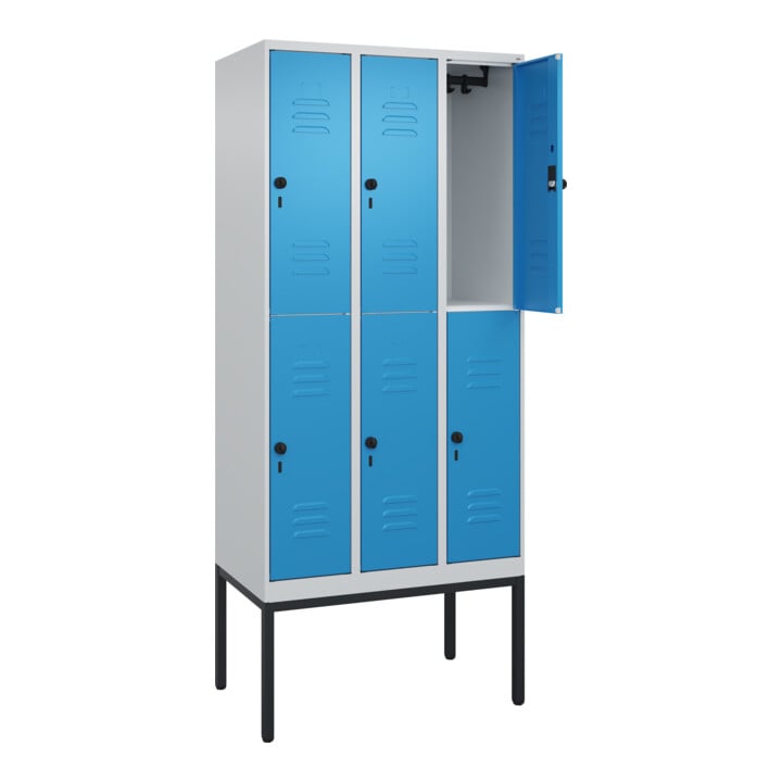 C+P Doppelstock-Spind Classic PLUS, Gestell, 3 Abteile, 2120x900x500mm, 7035/501 Verschluss Sicherheits-Drehriegel Front RAL 5012 Lichtblau