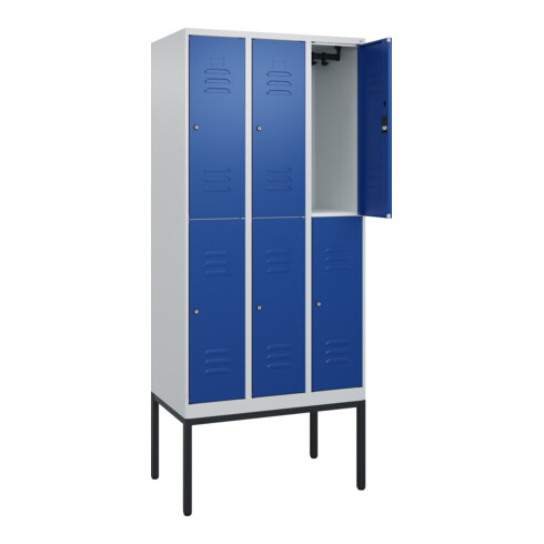 C+P Doppelstock-Spind Classic PLUS, Gestell, 3 Abteile, 2120x900x500mm, 7035/501 Verschluss Zylinderschloss Front RAL 5010 Enzianblau