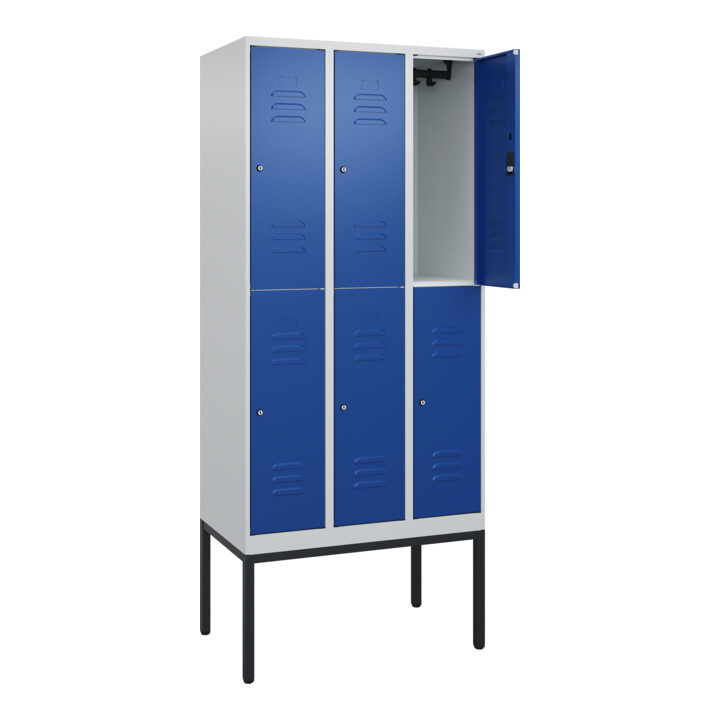 C+P Doppelstock-Spind Classic PLUS, Gestell, 3 Abteile, 2120x900x500mm, 7035/501 Verschluss Zylinderschloss Front RAL 5010 Enzianblau