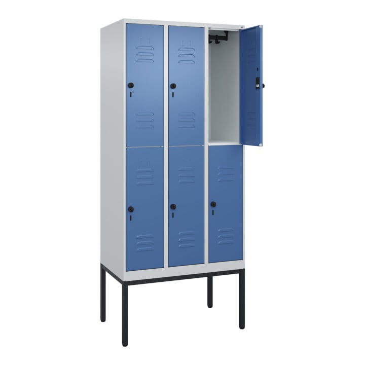 C+P Doppelstock-Spind Classic PLUS, Gestell, 3 Abteile, 2120x900x500mm, 7035/502 Verschluss Sicherheits-Drehriegel Front RAL 5023 Fernblau