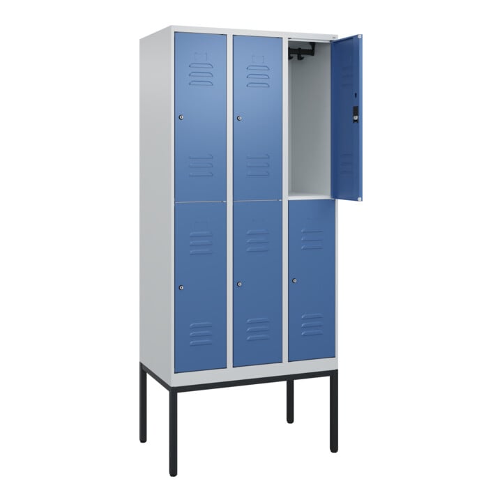 C+P Doppelstock-Spind Classic PLUS, Gestell, 3 Abteile, 2120x900x500mm, 7035/502 Verschluss Zylinderschloss Front RAL 5023 Fernblau