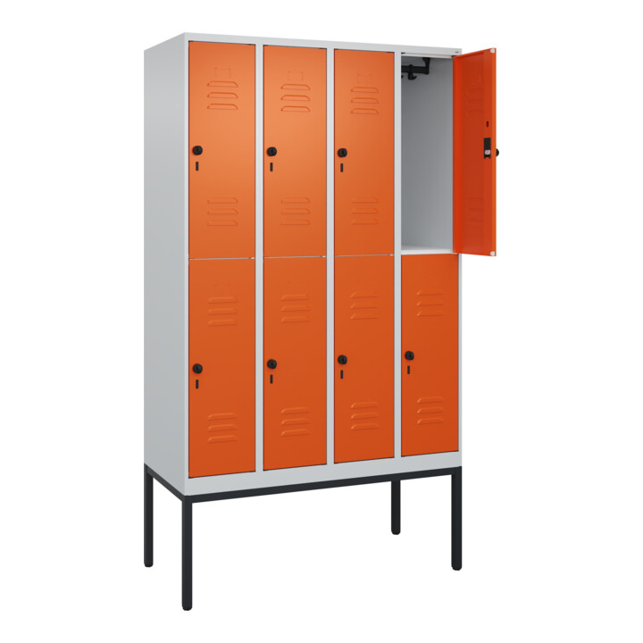 C+P Doppelstock-Spind Classic PLUS, Gestell, 4 Abteile, 2120x1200x500mm, 7035/20 Verschluss Sicherheits-Drehriegel Front RAL 2004 Reinorange