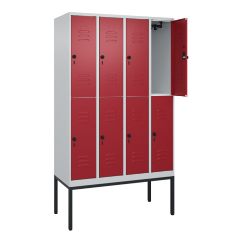 C+P Doppelstock-Spind Classic PLUS, Gestell, 4 Abteile, 2120x1200x500mm, 7035/30 Verschluss Sicherheits-Drehriegel Front RAL 3003 Rubinrot