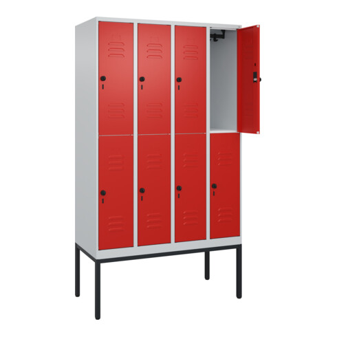 C+P Doppelstock-Spind Classic PLUS, Gestell, 4 Abteile, 2120x1200x500mm, 7035/30 Verschluss Sicherheits-Drehriegel Front RAL 3020 Verkehrsrot