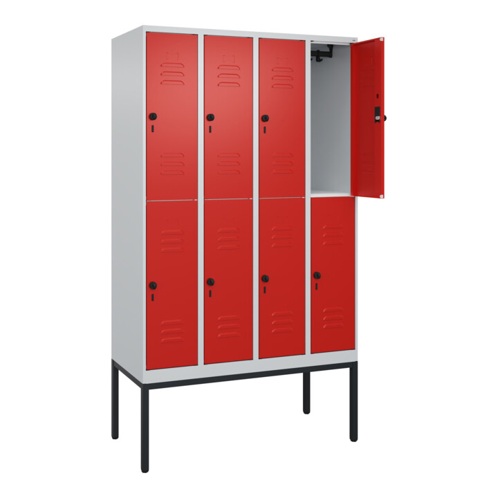 C+P Doppelstock-Spind Classic PLUS, Gestell, 4 Abteile, 2120x1200x500mm, 7035/30 Verschluss Sicherheits-Drehriegel Front RAL 3020 Verkehrsrot