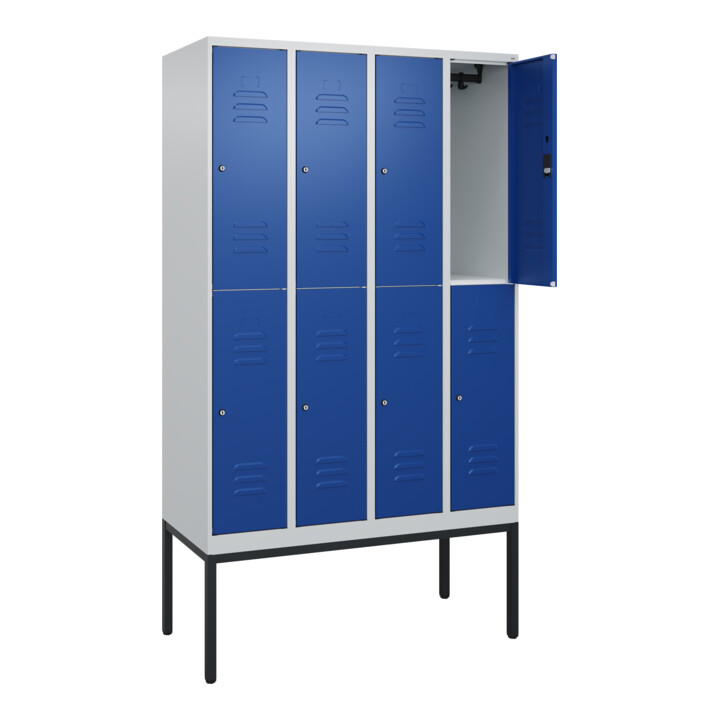 C+P Doppelstock-Spind Classic PLUS, Gestell, 4 Abteile, 2120x1200x500mm, 7035/50 Verschluss Zylinderschloss Front RAL 5010 Enzianblau