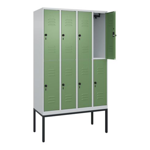 C+P Doppelstock-Spind Classic PLUS, Gestell, 4 Abteile, 2120x1200x500mm, 7035/60 Verschluss Sicherheits-Drehriegel Front RAL 6011 Resedagrün