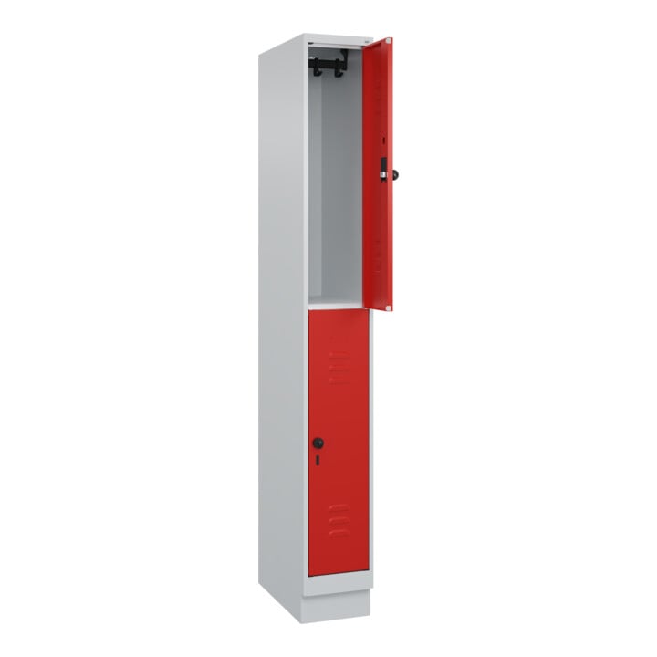 C+P Doppelstock-Spind Classic PLUS, Sockel, 1 Abteil, 1950x250x500mm, 7035/3020 Front RAL 3020 Verkehrsrot