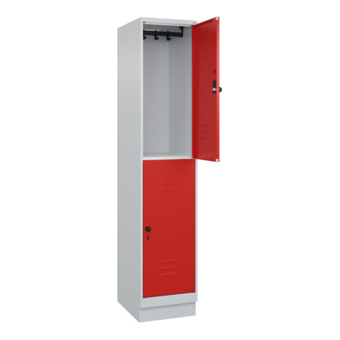 C+P Doppelstock-Spind Classic PLUS, Sockel, 1 Abteil, 1950x400x500mm, 7035/3020 Front RAL 3020 Verkehrsrot