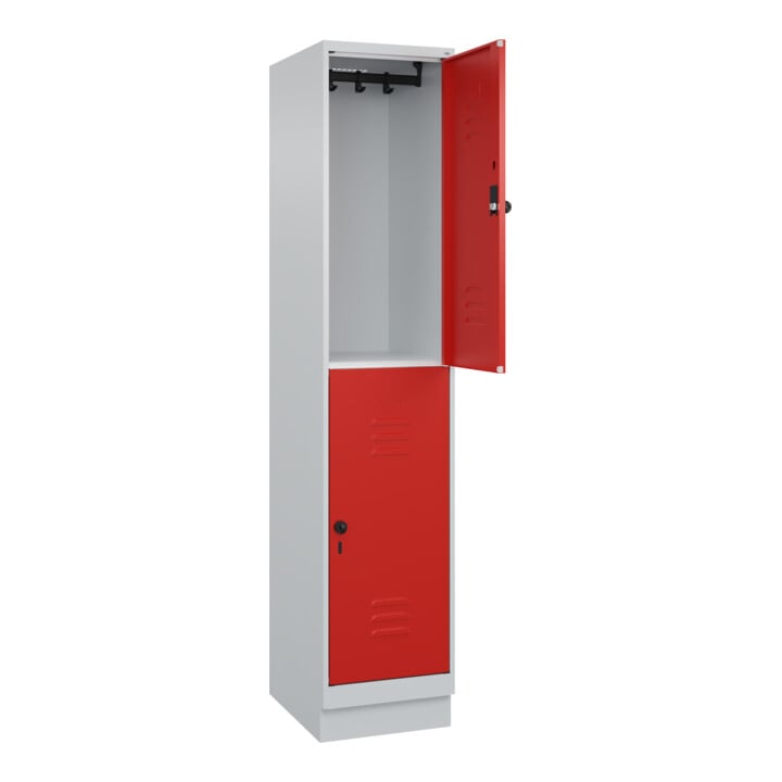 C+P Doppelstock-Spind Classic PLUS, Sockel, 1 Abteil, 1950x400x500mm, 7035/3020 Front RAL 3020 Verkehrsrot