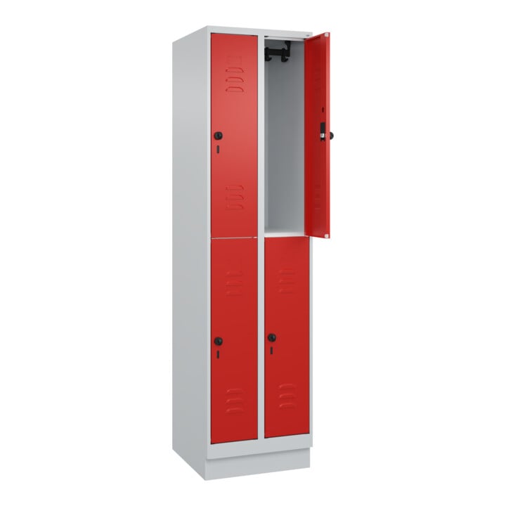 C+P Doppelstock-Spind Classic PLUS, Sockel, 2 Abteile, 1950x500x500mm, 7035/3020 Front RAL 3020 Verkehrsrot