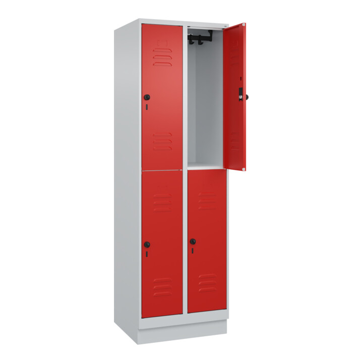 C+P Doppelstock-Spind Classic PLUS, Sockel, 2 Abteile, 1950x600x500mm, 7035/3020 Front RAL 3020 Verkehrsrot