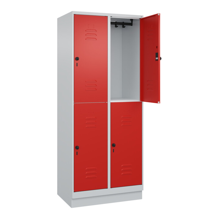 C+P Doppelstock-Spind Classic PLUS, Sockel, 2 Abteile, 1950x800x500mm, 7035/3020 Front RAL 3020 Verkehrsrot